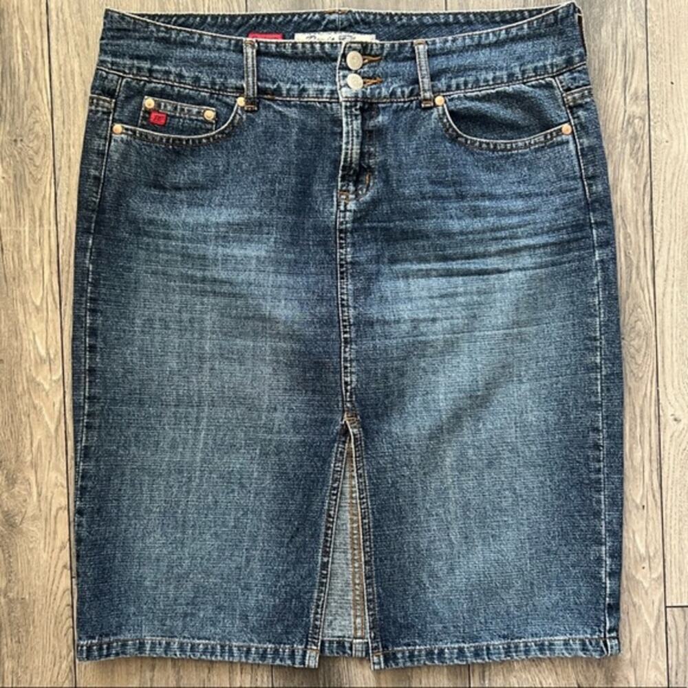 Knee Length Denim Skirt with Front Slit Medium Wash Junior 11